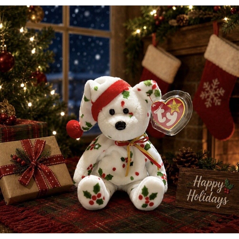 1998 HOLIDAY TEDDY ❤️ Ty Beanie Babies Christmas Holly BEAR Baby